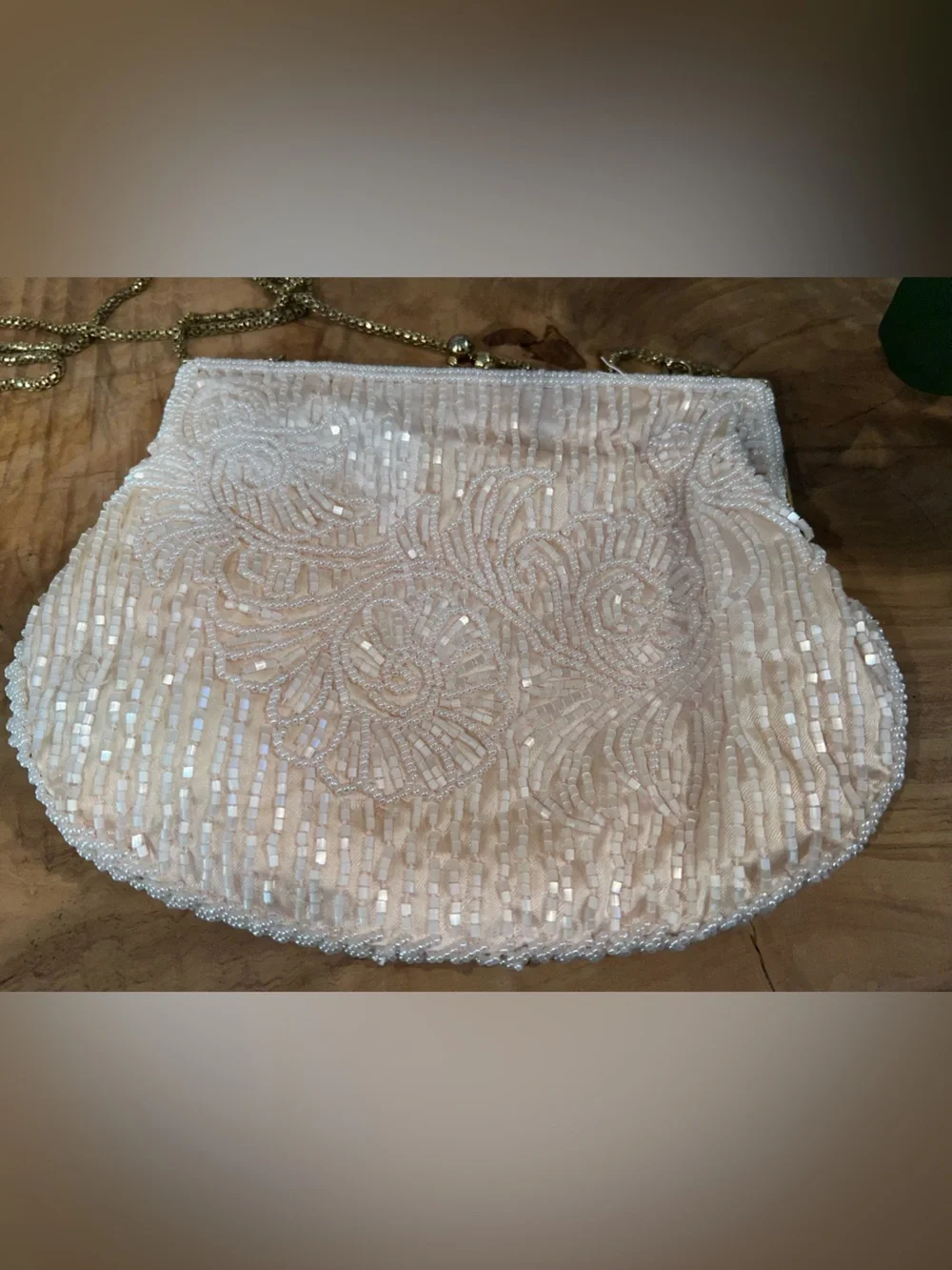 Vintage Beaded Cream Colored Evening Clutch with Gold Chain Strap